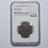 1774 Halfpenny (NGC MS 61 BN) - George III British Copper Coin - Superb
