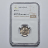 1917 Sixpence (NGC MS 65) - George V British Silver Coin - Superb