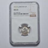 1917 Sixpence (NGC MS 65) - George V British Silver Coin - Superb