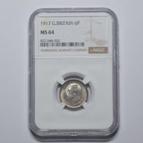 1917 Sixpence (NGC MS 64) - George V British Silver Coin - Superb