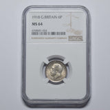 1918 Sixpence (NGC MS 64) - George V British Silver Coin - Superb