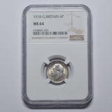 1918 Sixpence (NGC MS 64) - George V British Silver Coin - Superb