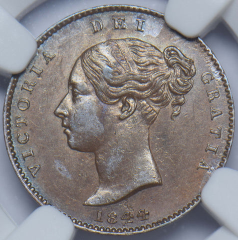 1844 Third Farthing (NGC AU 58 BN) - Victoria British Copper Coin - Very Nice