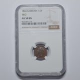 1844 Third Farthing (NGC AU 58 BN) - Victoria British Copper Coin - Very Nice