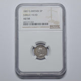 1887 Threepence (NGC AU 50) - Victoria British Silver Coin - Nice