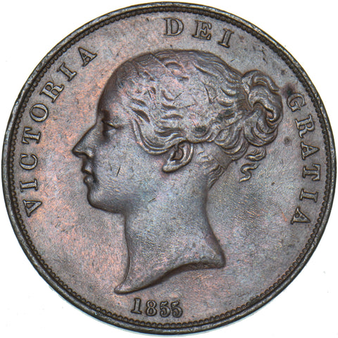 1855 Penny (OT) - Victoria British Copper Coin - Very Nice