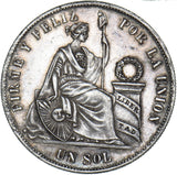 1874 Peru 1 Sol - Silver Coin - Very Nice