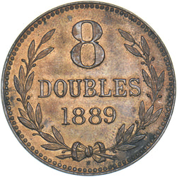 1889 Guernsey 8 Doubles - Bronze Coin - Superb