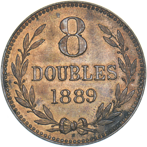 1889 Guernsey 8 Doubles - Bronze Coin - Superb