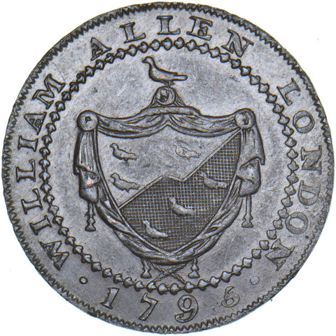 1795 William Allen London Copper Halfpenny Token - Middlesex D&H 246 - Very Nice