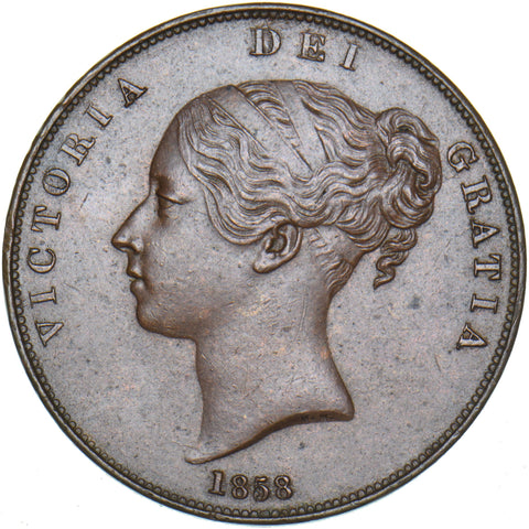 1858 Penny - Victoria British Copper Coin - Very Nice