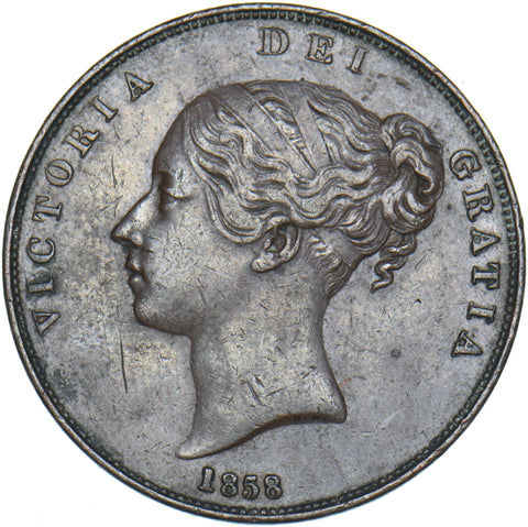 1858 Penny - Victoria British Copper Coin - Nice