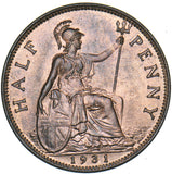1931 Halfpenny - George V British Bronze Coin - Superb