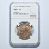 1935 Penny (NGC MS 64 RB) - George V British Bronze Coin - Superb