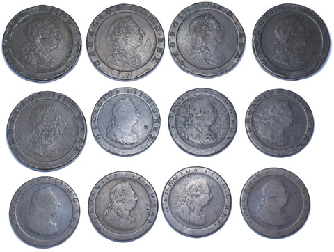 1797 Cartwheel Twopences and Pennies (12 Coins) - George III British Copper Lot