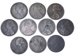 1860 - 1869 Pennies Date Run (10 Coins) - Victoria British Bronze Coin Lot