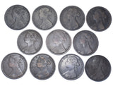 1872 - 1882 Pennies Date Run (11 Coins) - Victoria British Bronze Coin Lot