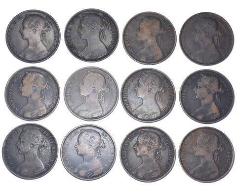 1883 - 1894 Pennies Date Run (12 Coins) - Victoria British Bronze Coin Lot