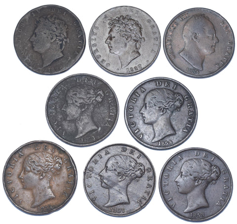 1826 - 1853 Halfpennies Lot (8 Coins) - British Copper Coins  - All Different