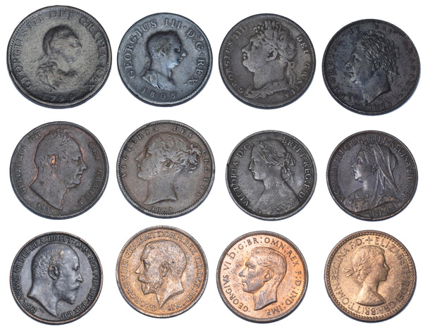 1799 - 1953 Farthings Type Set (12 Coins) - British Copper & Bronze Coin Lot