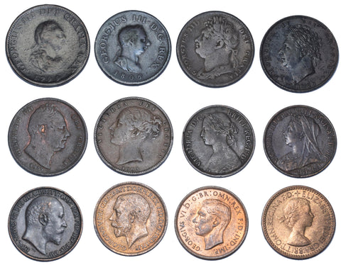 1799 - 1953 Farthings Type Set (12 Coins) - British Copper & Bronze Coin Lot