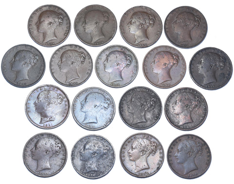1838 - 1858 Farthings Lot (17 Coins) - Victoria GB Copper Coins  - All Different