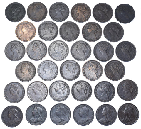 1860 - 1901 Farthings Lot (34 Coins) - Victoria GB Bronze Coins  - All Different