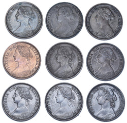 1860 - 1875 Better Grade Farthings Lot (9 Coins) - Victoria GB Bronze Coins
