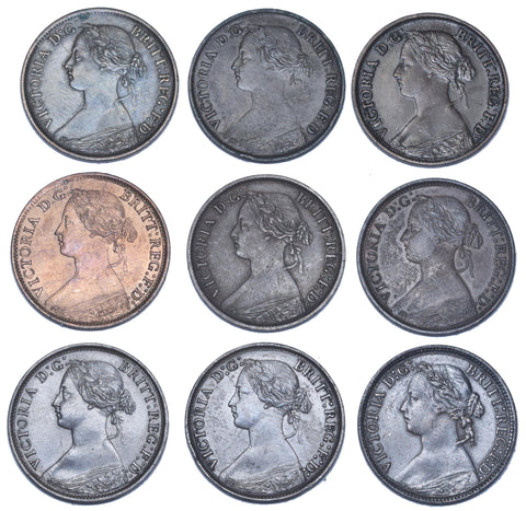 1860 - 1875 Better Grade Farthings Lot (9 Coins) - Victoria GB Bronze Coins