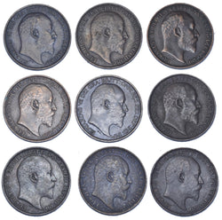 1902 - 1910 Better Grade Farthings Date Run (9 Coins) -Edward VII GB Bronze Lot