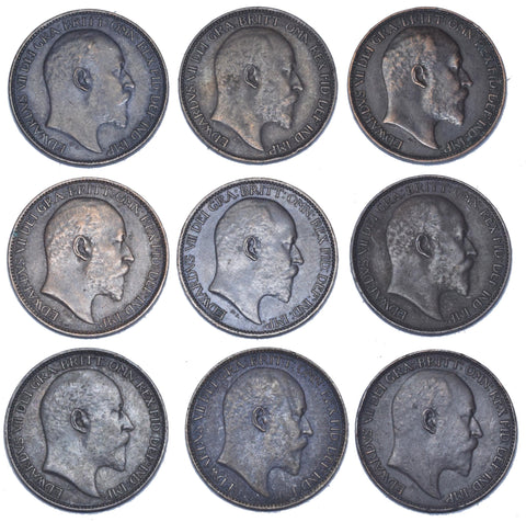 1902 - 1910 Better Grade Farthings Date Run (9 Coins) -Edward VII GB Bronze Lot