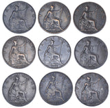 1902 - 1910 Better Grade Farthings Date Run (9 Coins) -Edward VII GB Bronze Lot