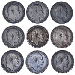 1902 - 1910 Better Grade Farthings Date Run (9 Coins) -Edward VII GB Bronze Lot