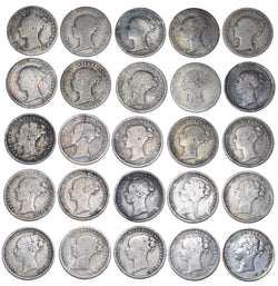 1859 - 1887 Threepences Lot (25 Coins) - Victoria GB Silver Coins -All Different