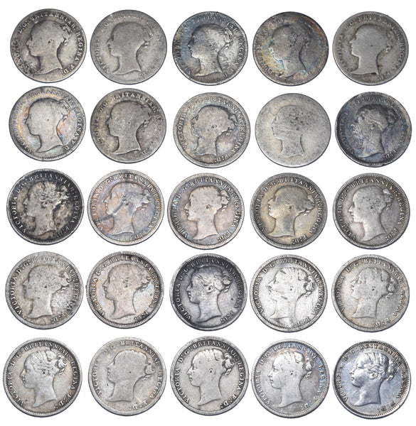 1859 - 1887 Threepences Lot (25 Coins) - Victoria GB Silver Coins -All Different