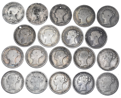 1859 - 1887 Threepences Lot (19 Coins) - Victoria GB Silver Coins -All Different