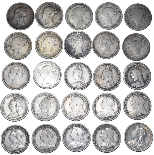 1873 - 1901 Threepences Lot (25 Coins) - Victoria GB Silver Coins -All Different