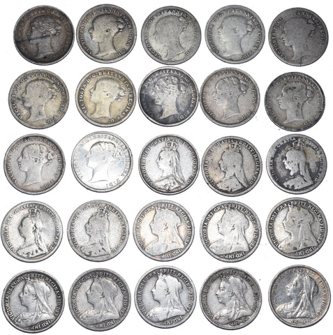 1873 - 1901 Threepences Lot (25 Coins) - Victoria GB Silver Coins -All Different