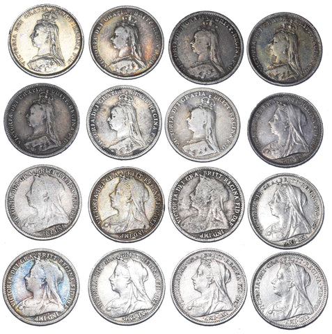 1887 - 1901 Threepences Date Run (16 Coins) - Victoria British Silver Coin Lot