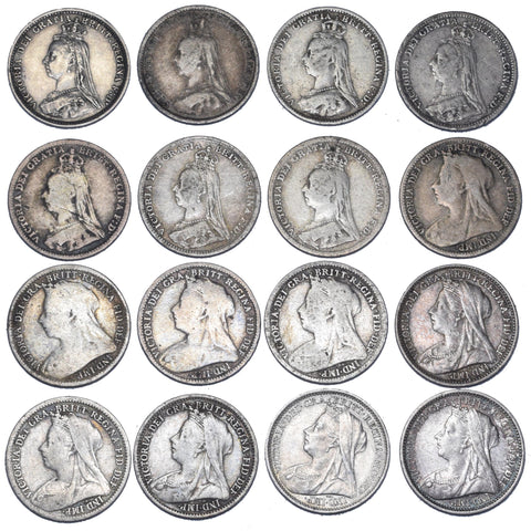 1887 - 1901 Threepences Date Run (16 Coins) - Victoria British Silver Coin Lot