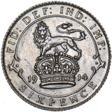 1914 Sixpence - George V British Silver Coin - Very Nice