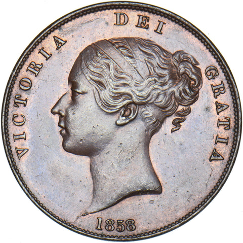 1858 Penny (8 Overstruck) - Victoria British Copper Coin - Superb