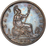 1860 Halfpenny (Toothed Border F266) - Victoria British Bronze Coin - Very Nice