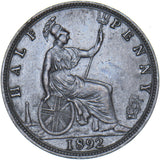 1892 Halfpenny - Victoria British Bronze Coin - Very Nice