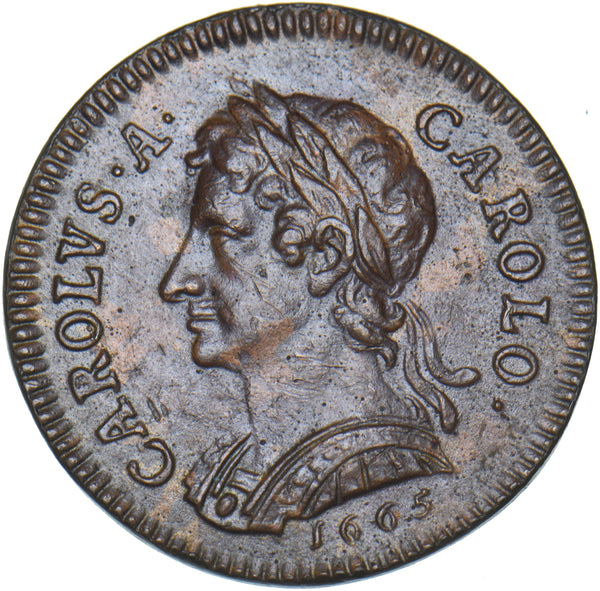1665 Pattern Farthing (Unlisted Type) - Charles II Copper Coin - Very Nice