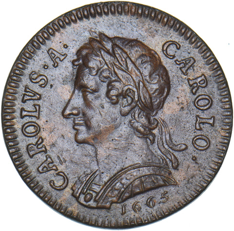 1665 Pattern Farthing (Unlisted Type) - Charles II Copper Coin - Very Nice