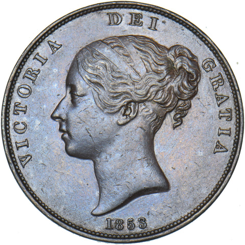 1853 Penny - Victoria British Copper Coin - Very Nice