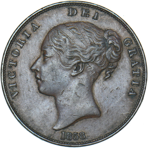 1858 Penny - Victoria British Copper Coin - Nice