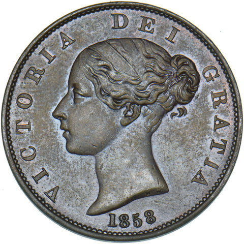 1858 Halfpenny (8 Over 7) - Victoria British Copper Coin - Very Nice