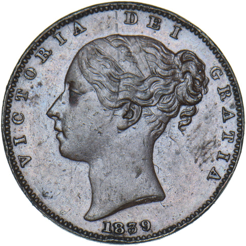 1839 Farthing (2 Pronged Trident) - Victoria British Copper Coin - Very Nice